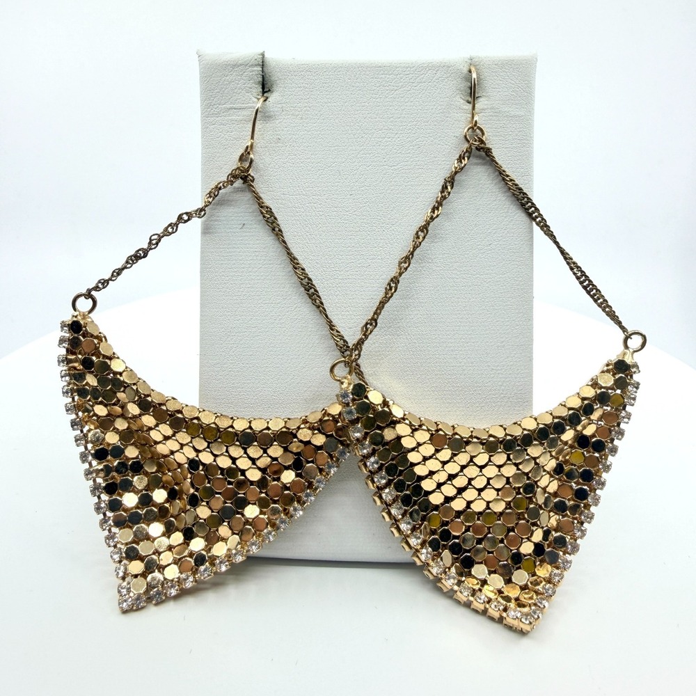 Vintage Y2K Gold Tone Liquid Mesh Triangle Dangle Earrings with Rhinestones